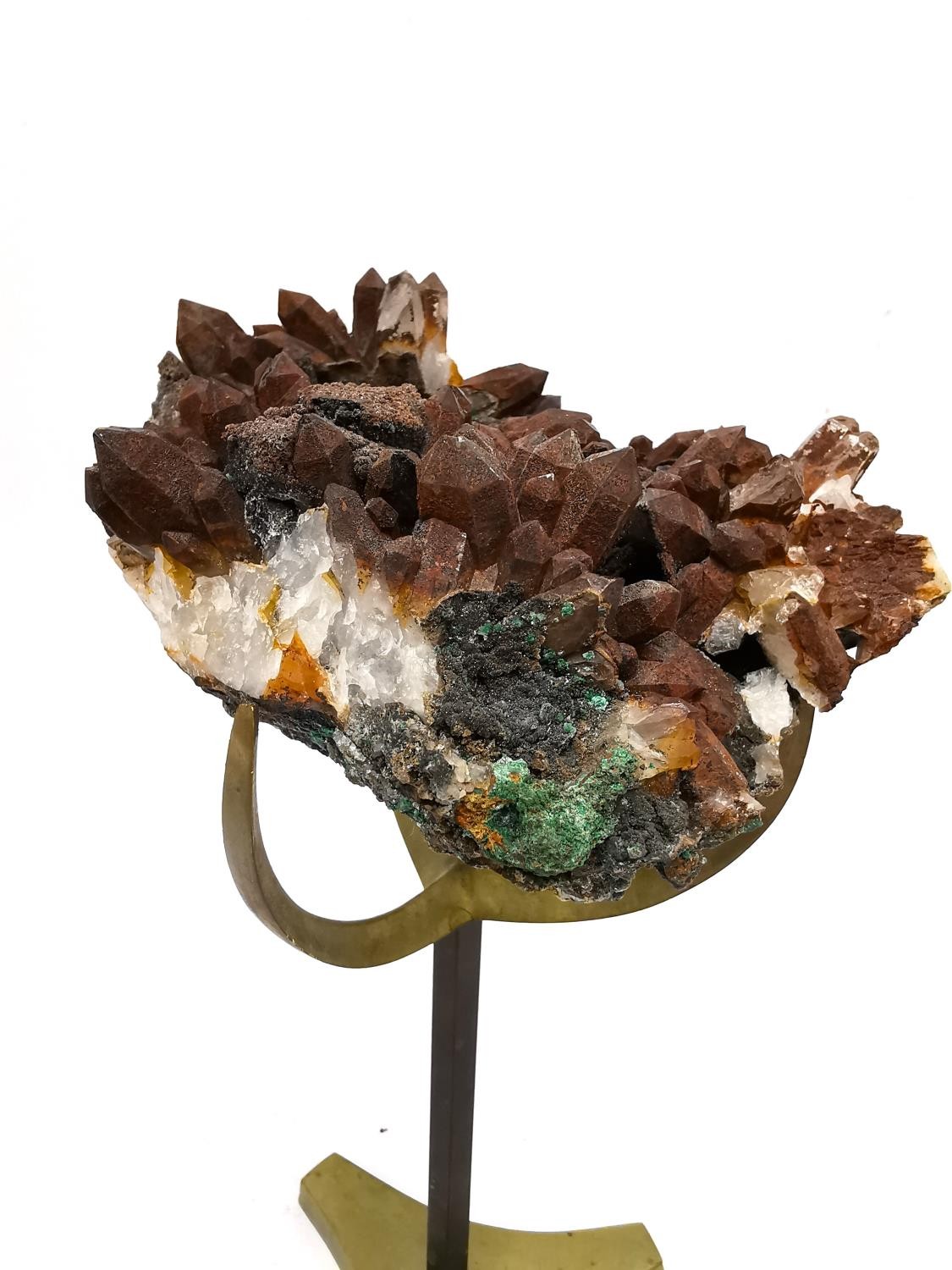 A Limonite stained quartz and malachite crystal specimen from Durango, Mexico. Mounted on brass - Image 6 of 8