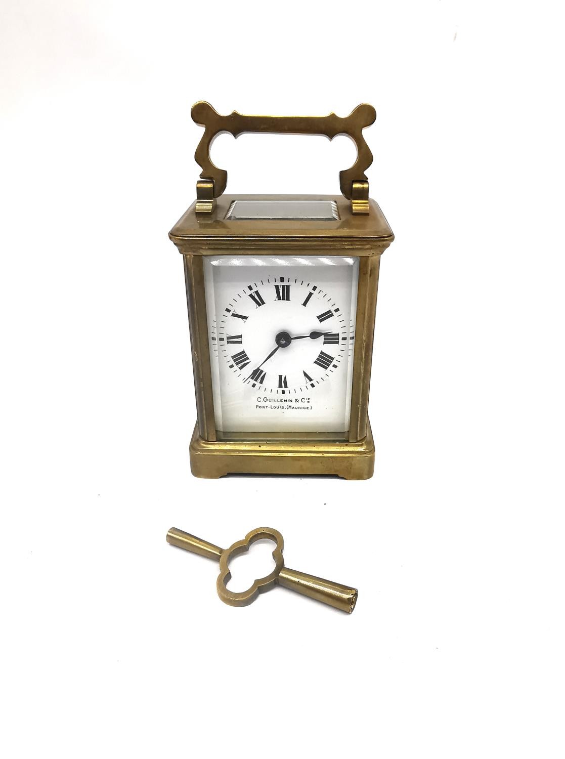 A late 19th century brass leather cased travelling carriage clock with skeleton movement and key. - Image 9 of 17