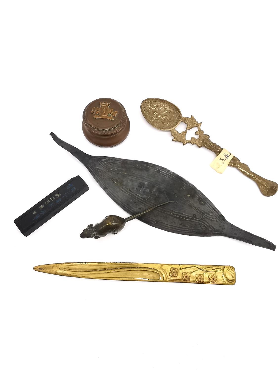 A miscellaneous collection of items to include an Indian brass spoon with cobra finial, an Art