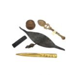 A miscellaneous collection of items to include an Indian brass spoon with cobra finial, an Art