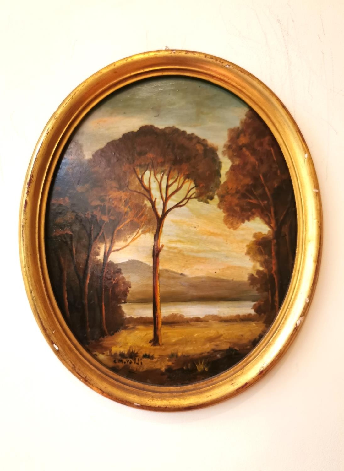 Two gilt framed oval oils on board depicting lake views, signed C.Moraldi. H.34 W.29cm - Image 2 of 13