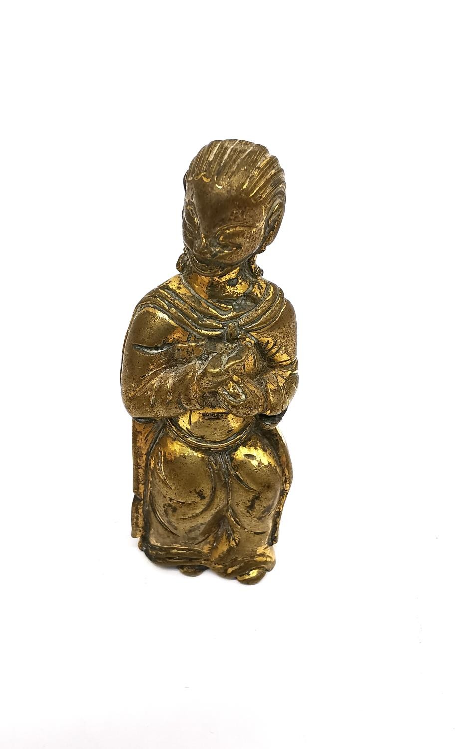 A 19th century gilt bronze putti on ebonised base along with brass seated Buddha. Tallest 14cm. - Image 6 of 8