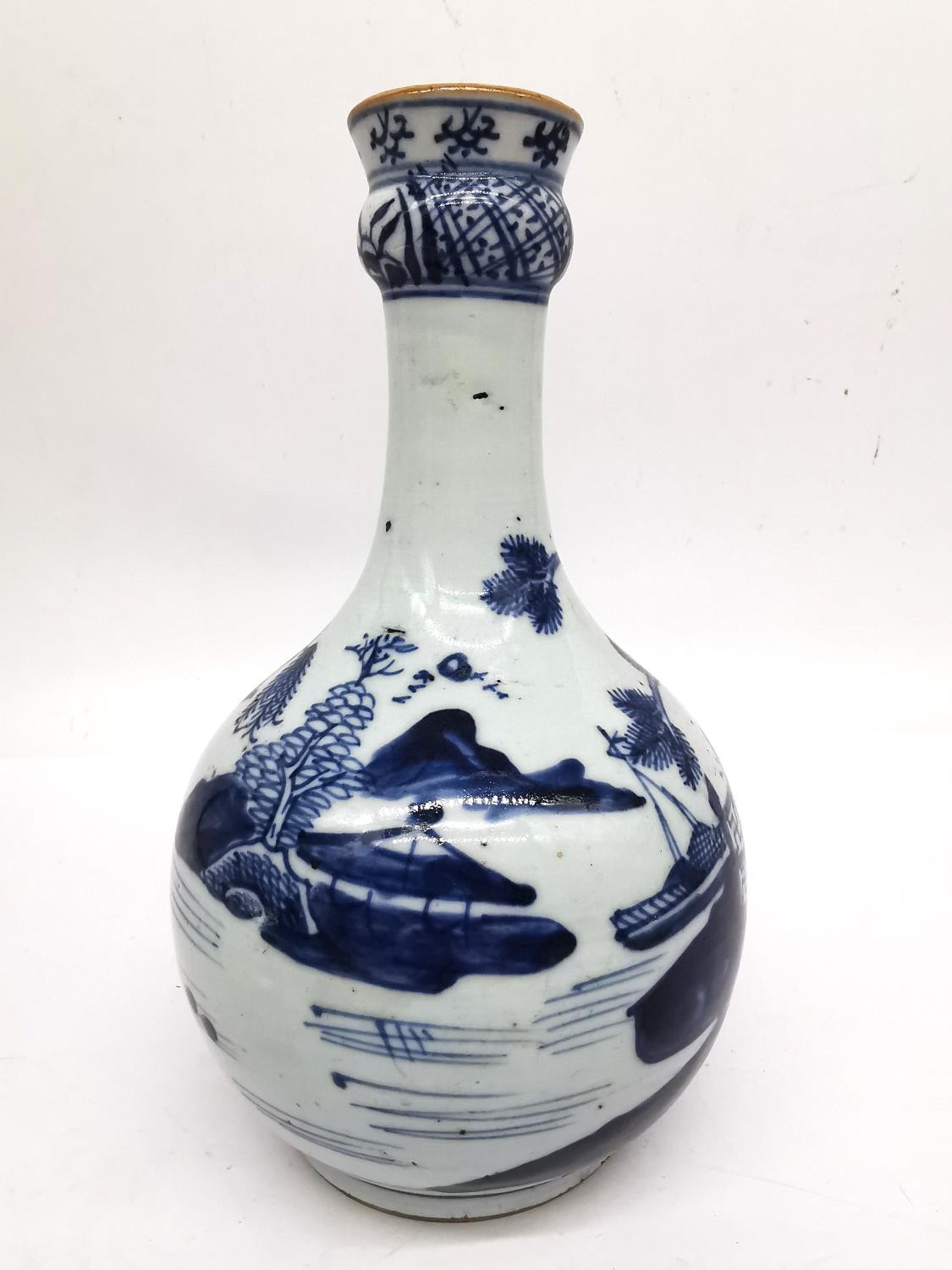 Two 18th century Chinese blue and white bottle vases with pagoda and mountain landscape design. H. - Image 9 of 11