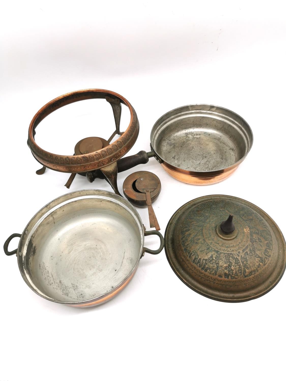 A pair of early 20th century Iranian Nader copper cooking pots with burners with figural design. - Image 6 of 6