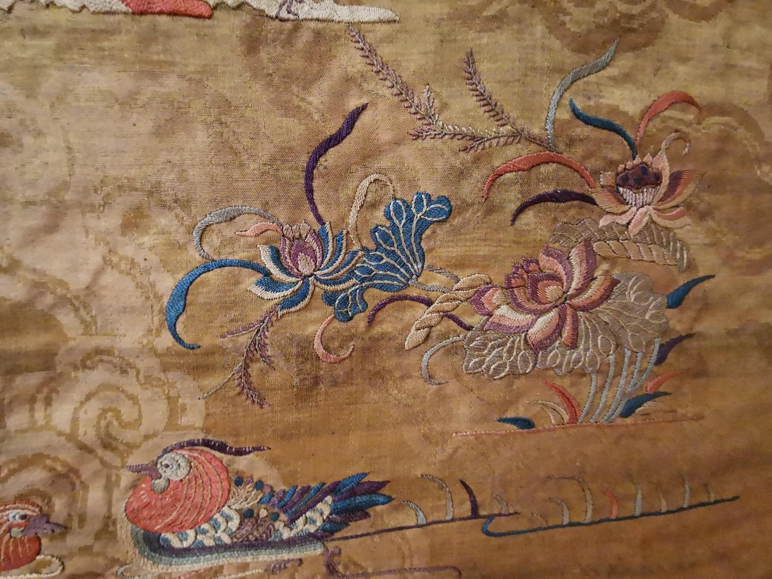 A Chinese 19th Chinese silk embroidered wall hanging decorated with a tree with birds and - Image 14 of 20