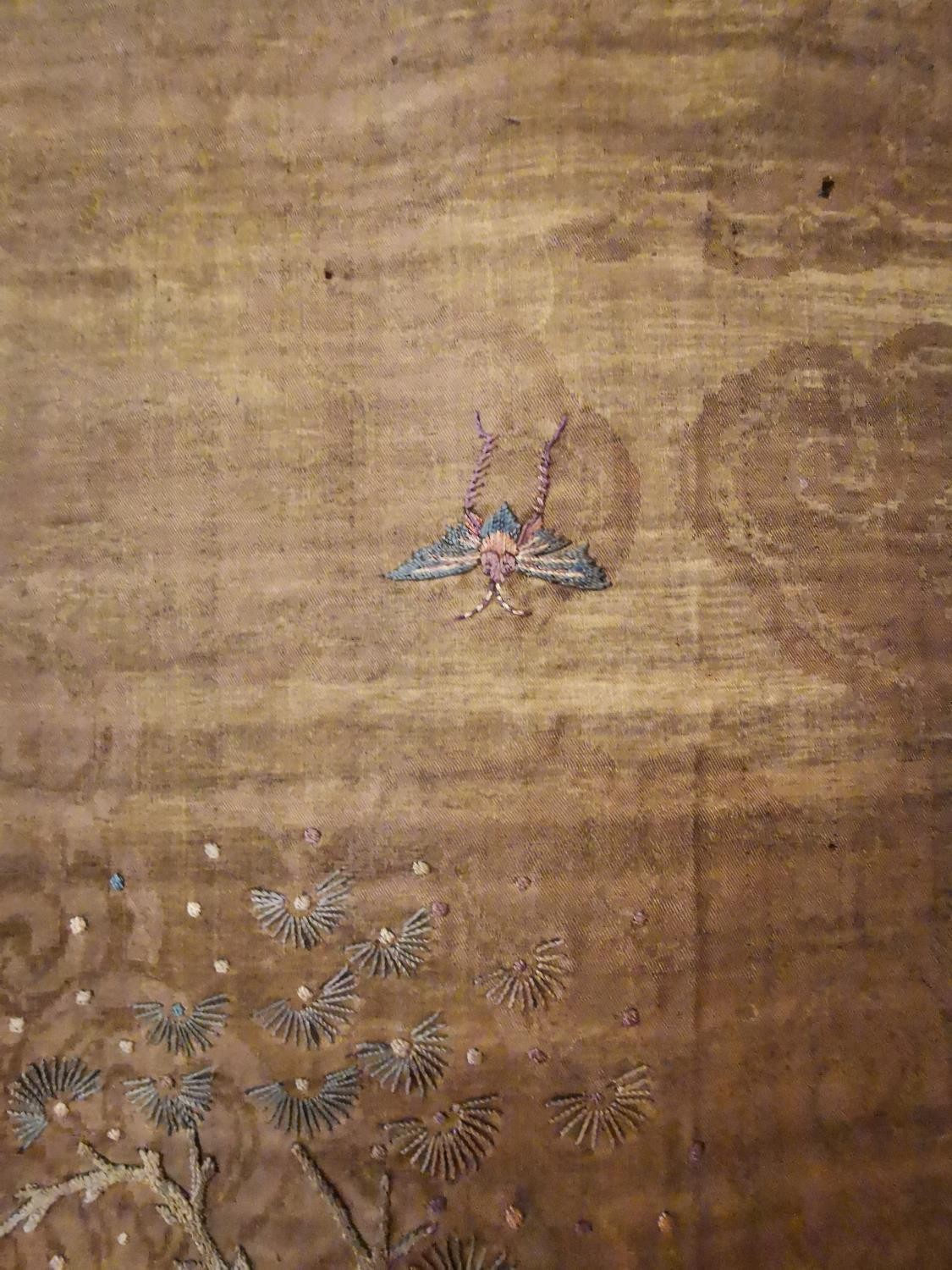 A Chinese 19th Chinese silk embroidered wall hanging decorated with a tree with birds and - Image 5 of 20