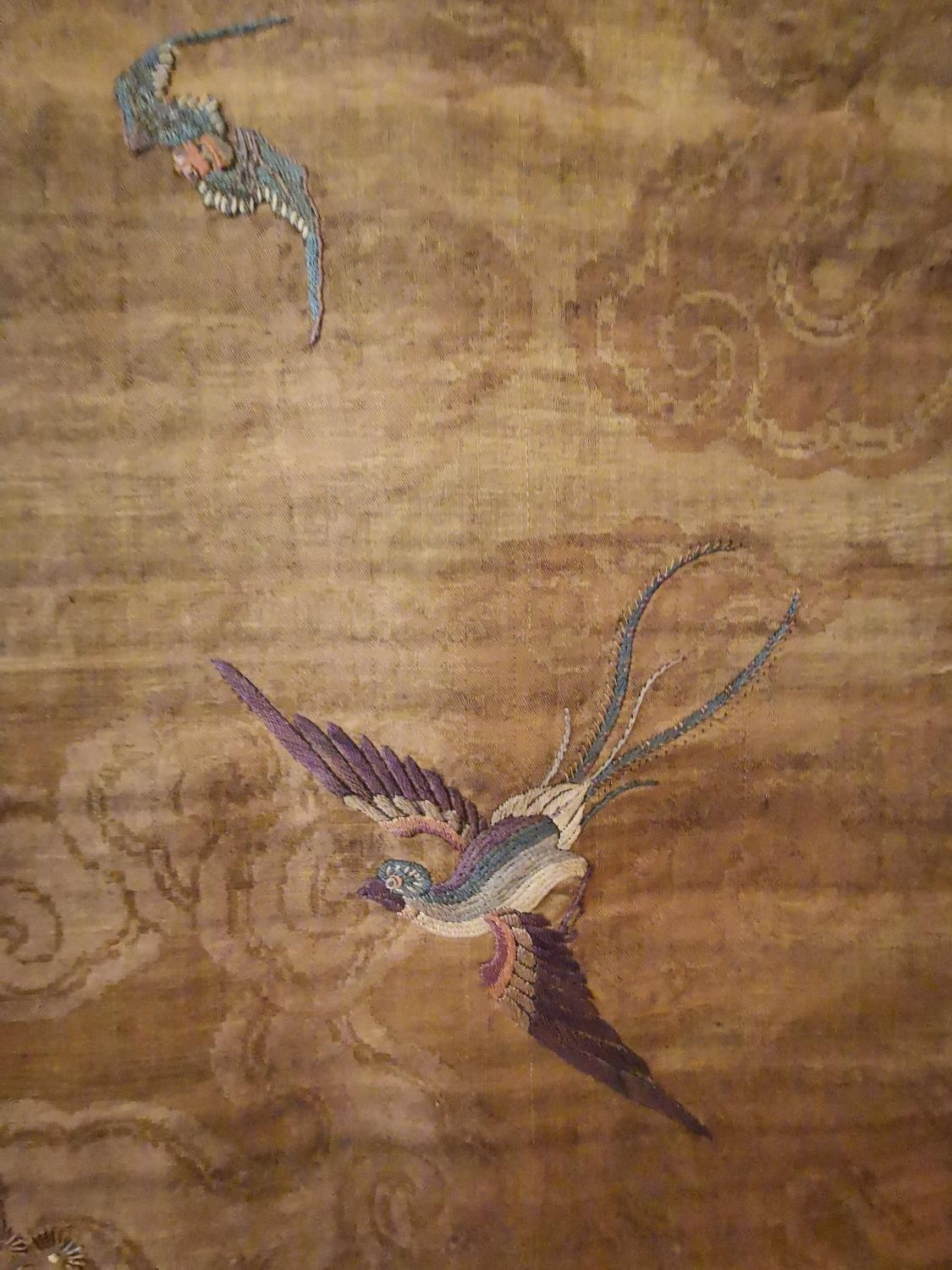 A Chinese 19th Chinese silk embroidered wall hanging decorated with a tree with birds and - Image 8 of 20
