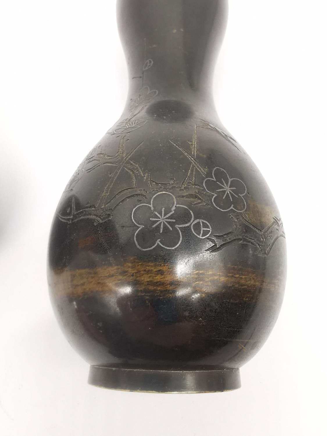 A pair of 19th century bronze Japanese double gourde vases incised with prunus branches and inlaid - Image 5 of 6
