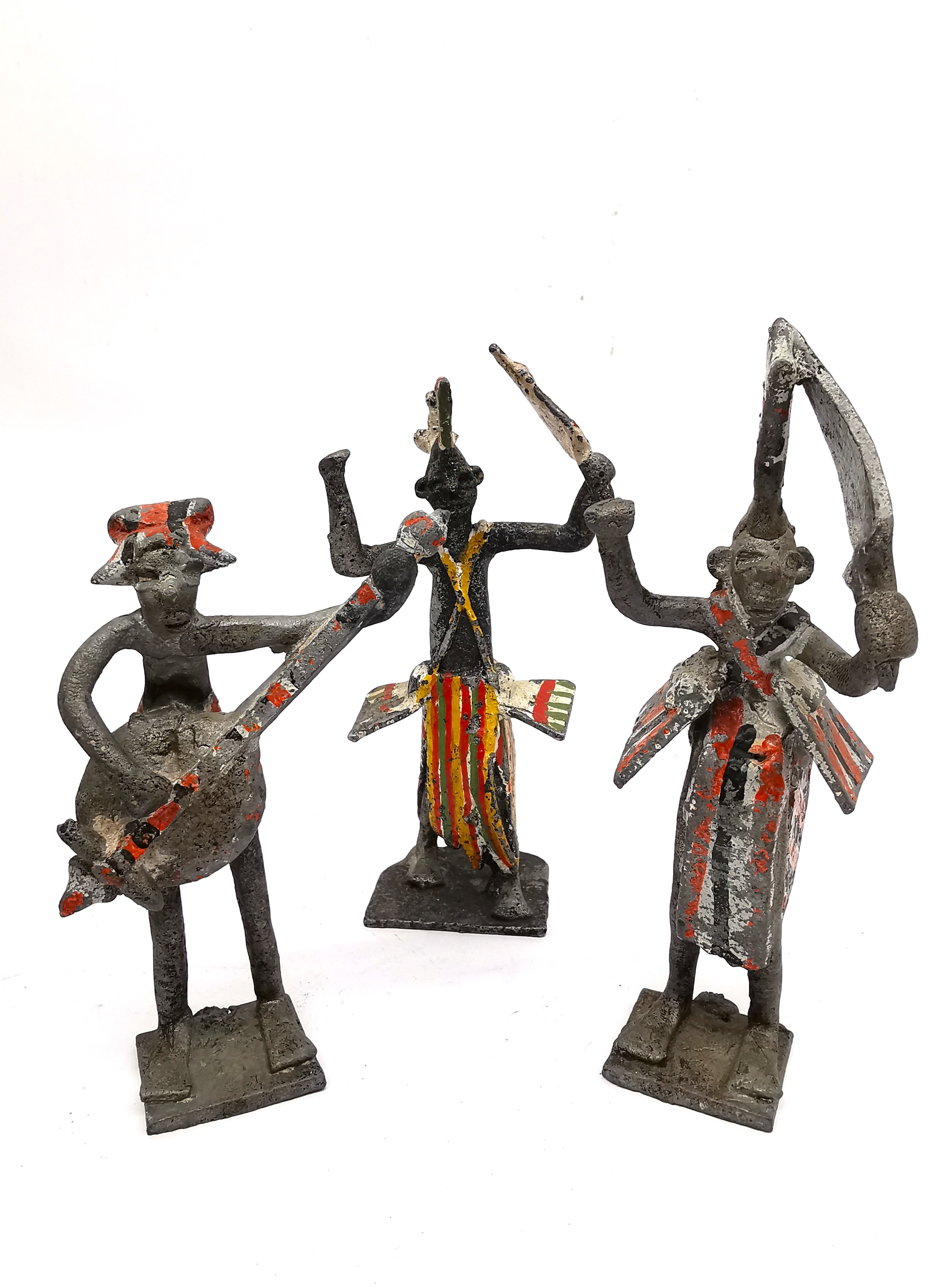 Eight vintage Akan Ashanti painted metal tribal figures of musicians. Tallest 17cm. - Image 2 of 6