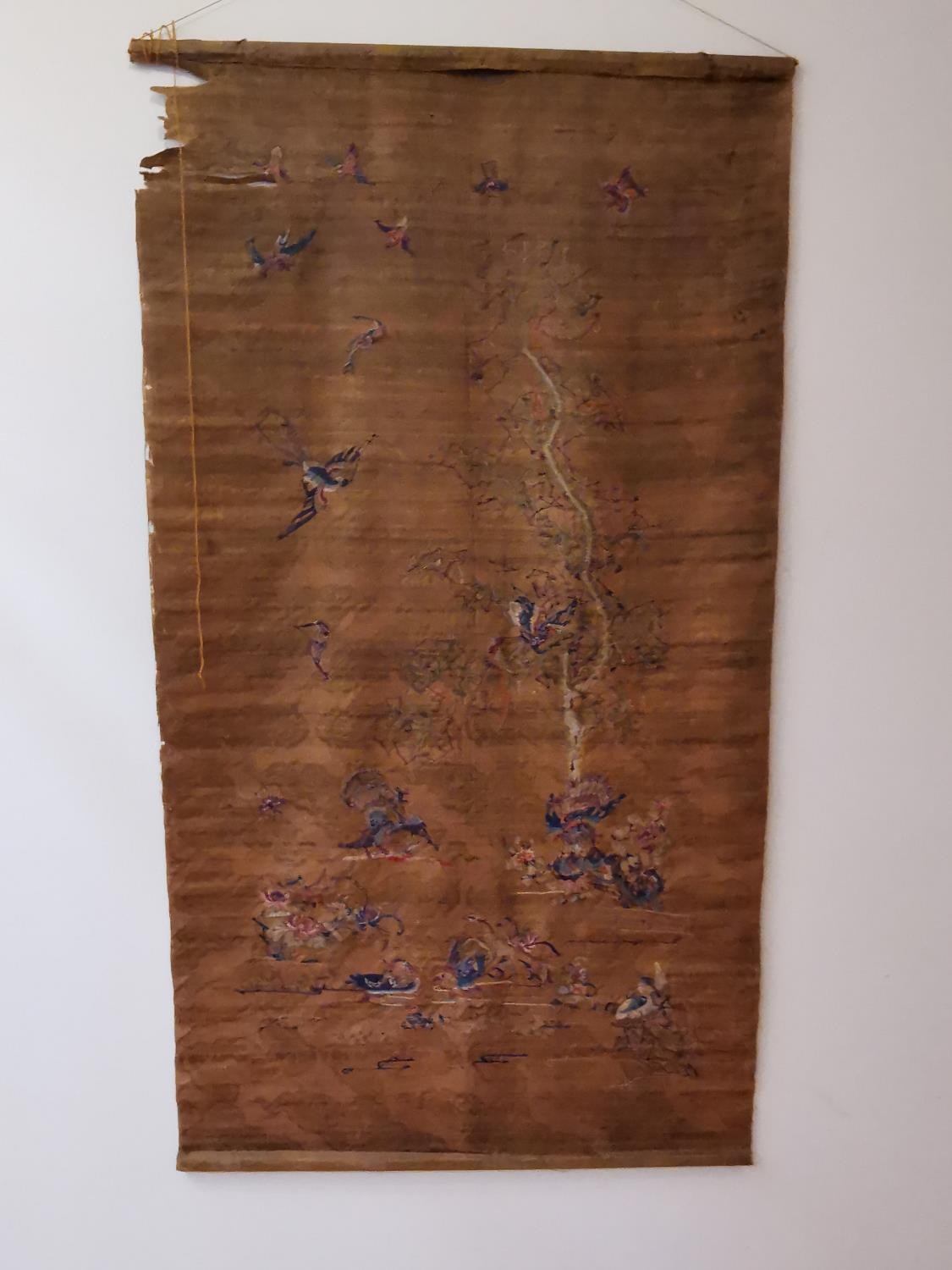 A Chinese 19th Chinese silk embroidered wall hanging decorated with a tree with birds and - Image 19 of 20