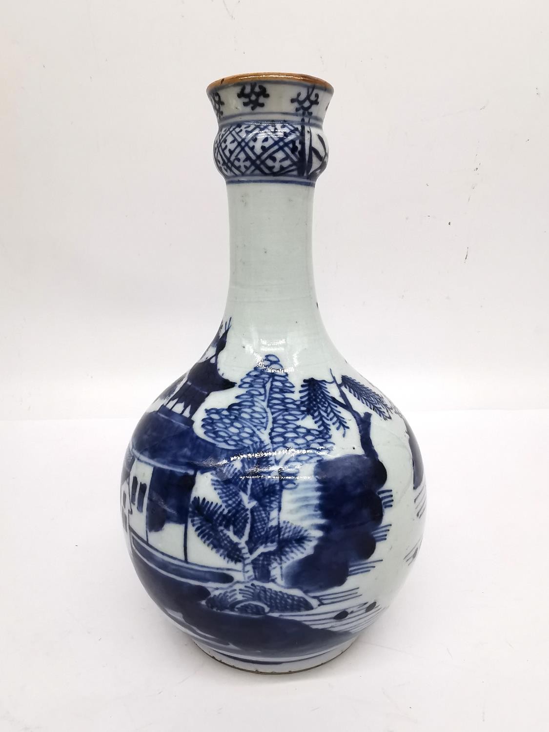 Two 18th century Chinese blue and white bottle vases with pagoda and mountain landscape design. H. - Image 7 of 11