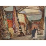 Emma Ruff, oil on board of an eastern market, signed and label verso. Framed. H20.5 W.17cm