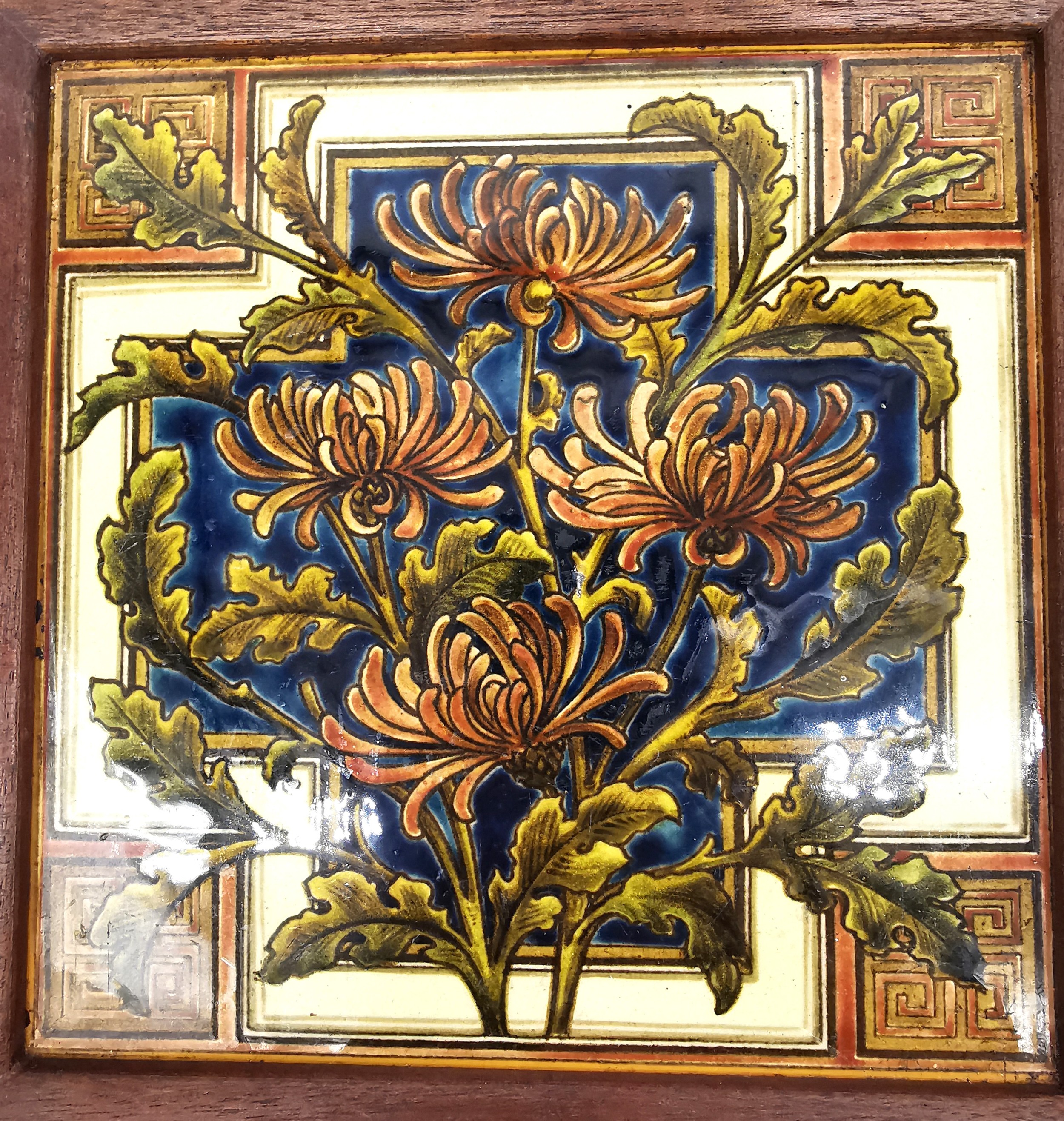 Four framed 19th century glazed hand painted tiles by W B Simpson & Sons, depicting chrysanthemums - Image 3 of 9