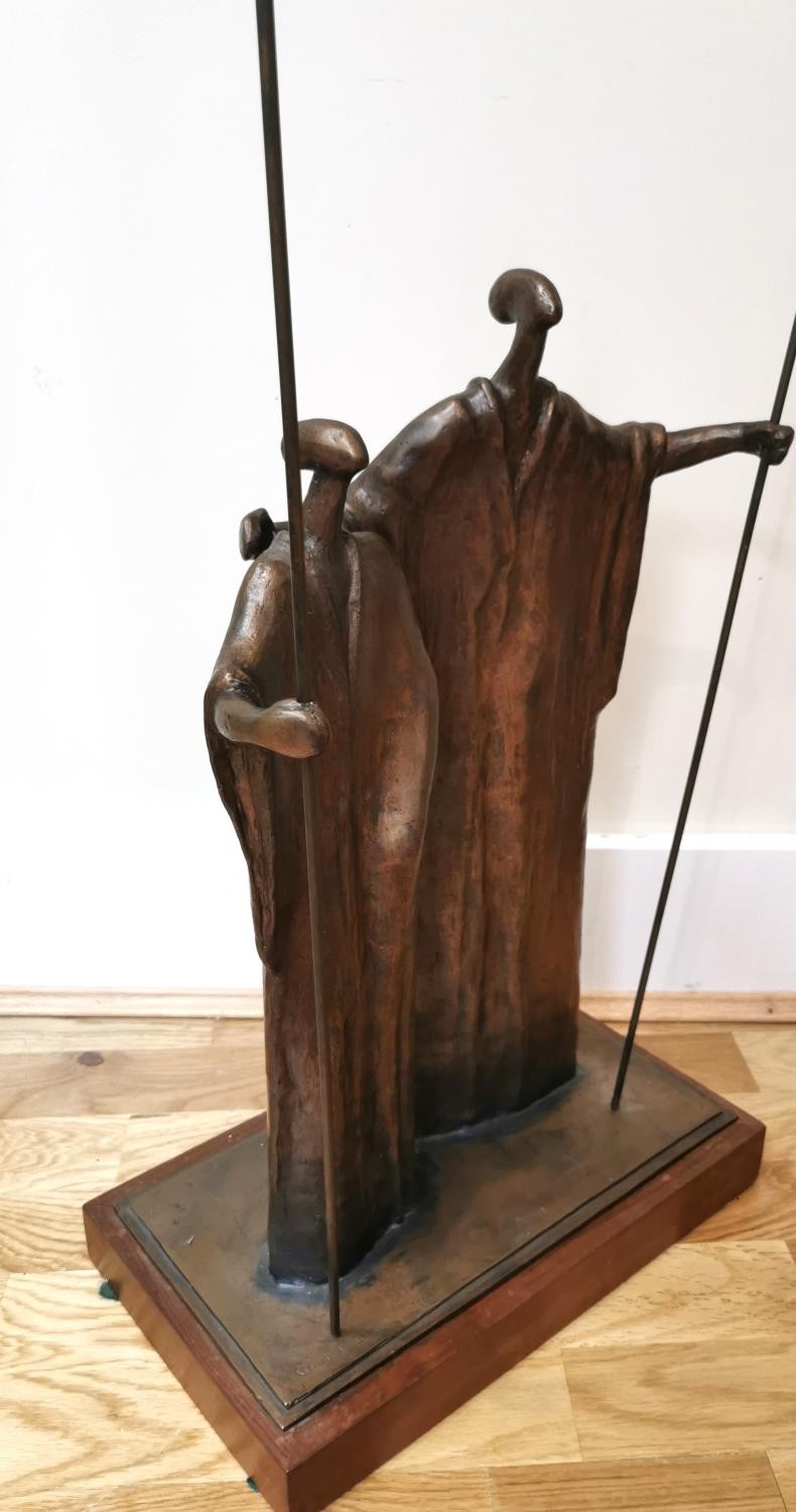 Wim De Roubaix, South African artist, large bronze sculpture of two robed figures holding spears - Image 6 of 11