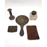 A collection of silver and silver plate, including a cut glass and repousse silver inkwell with