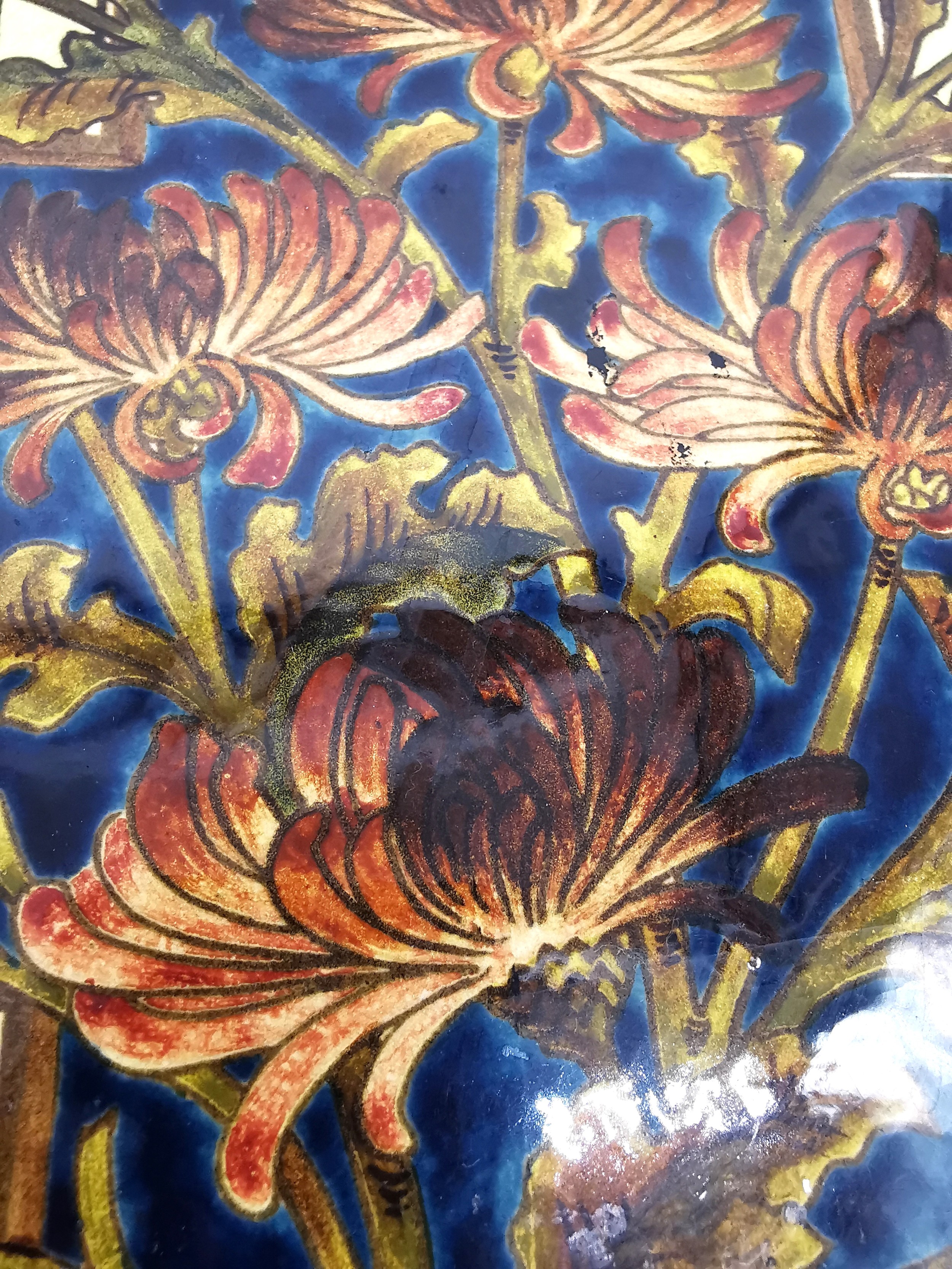 Four framed 19th century glazed hand painted tiles by W B Simpson & Sons, depicting chrysanthemums - Image 6 of 9