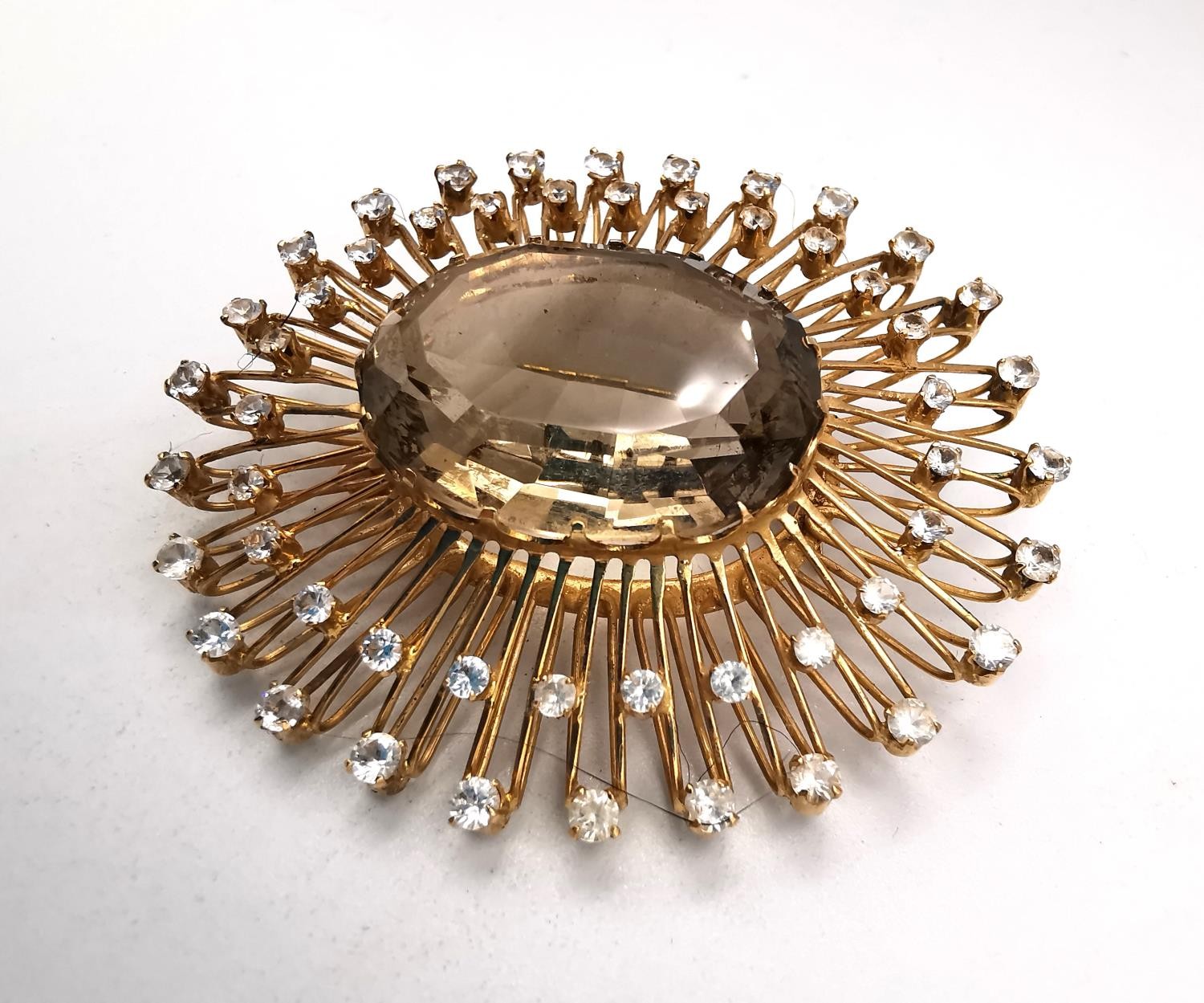A yellow metal (tests as 9ct) bespoke made sunburst brooch/pendant, set to centre with an oval mixed - Image 3 of 6