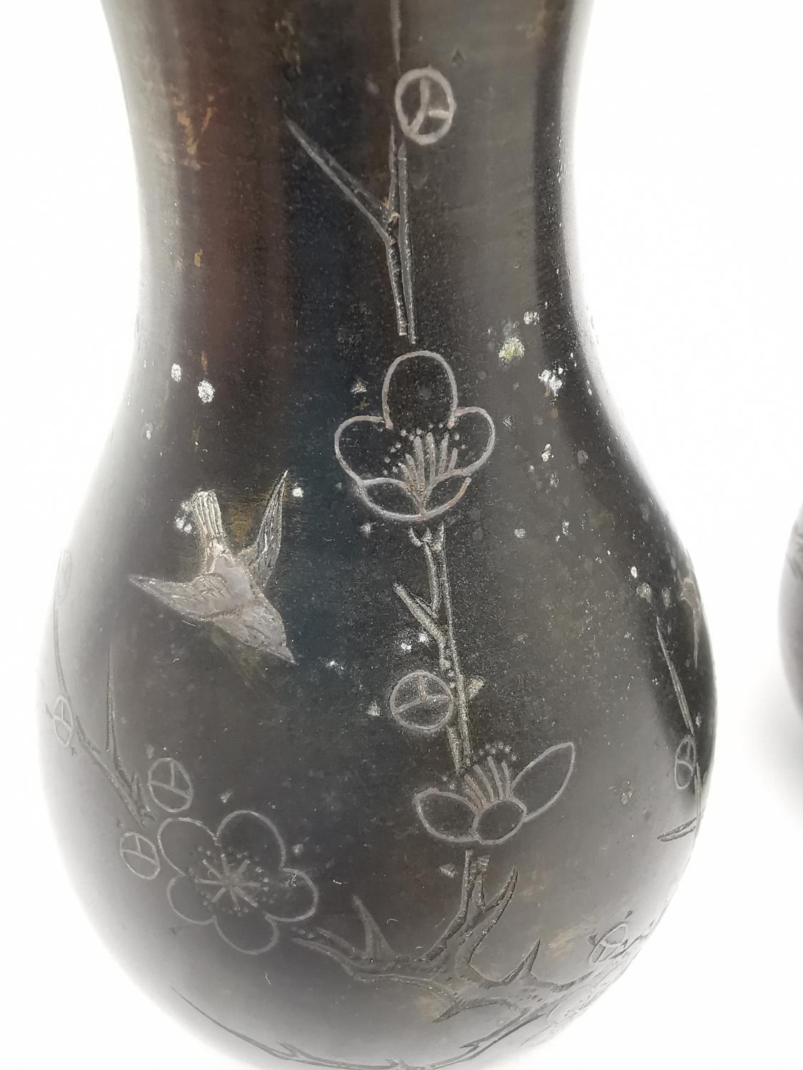 A pair of 19th century bronze Japanese double gourde vases incised with prunus branches and inlaid - Image 4 of 6