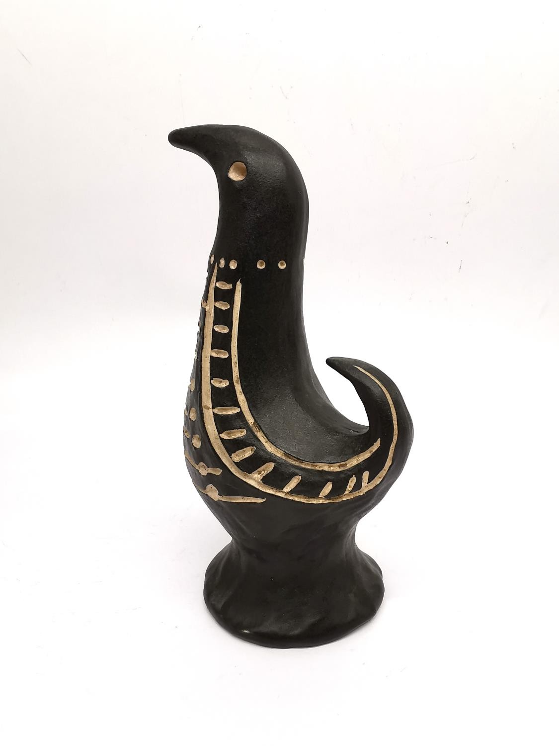 Tibor Reich, A Mid-century Denby Tigoware Madar pottery bird with incised cream design on a black - Image 3 of 5