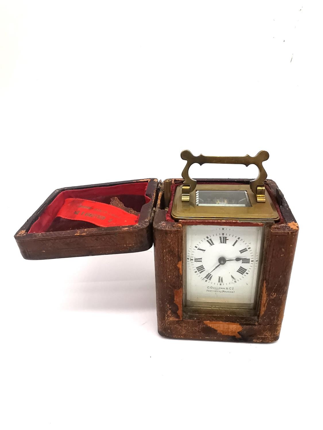 A late 19th century brass leather cased travelling carriage clock with skeleton movement and key. - Image 6 of 17