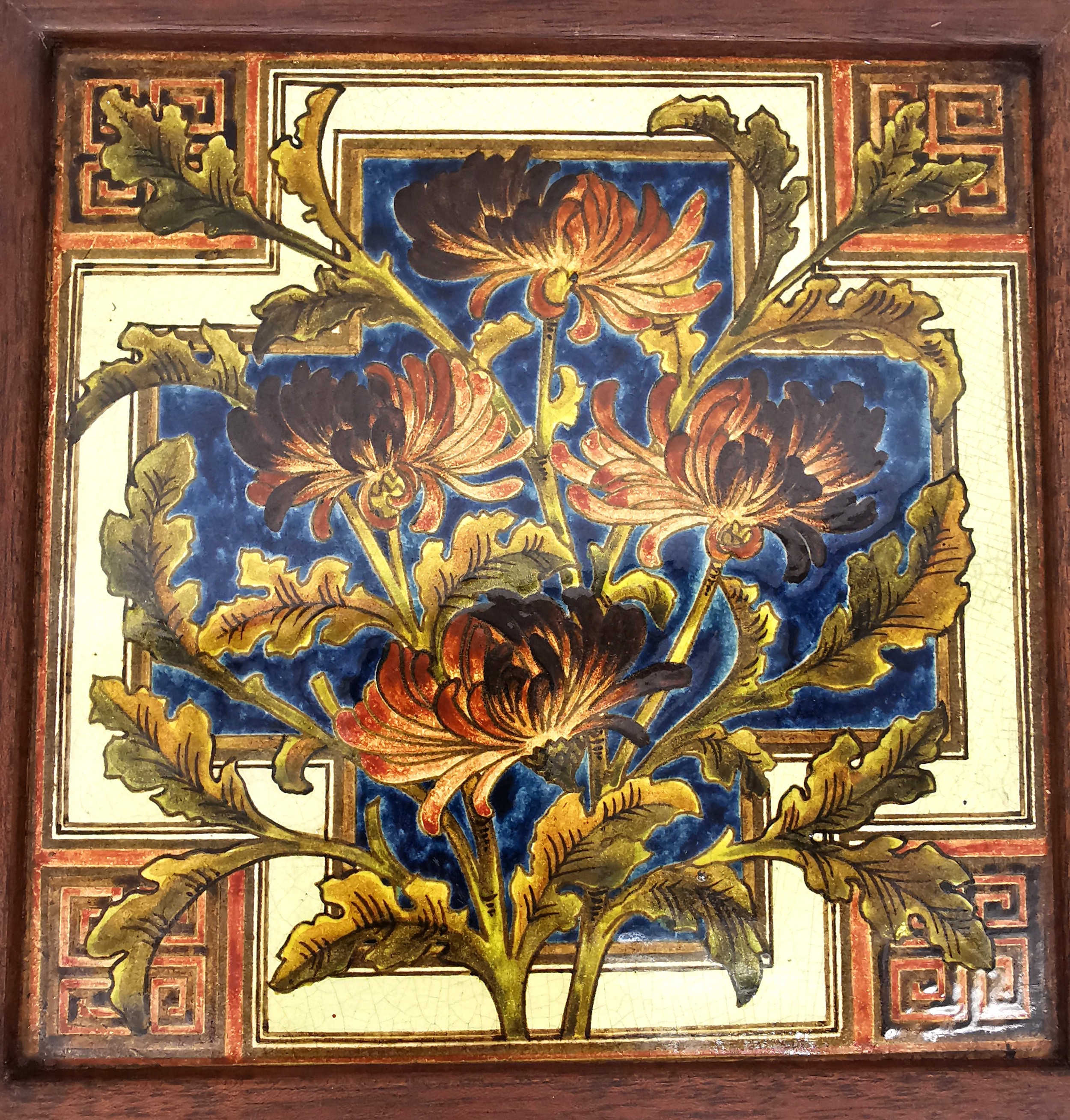 Four framed 19th century glazed hand painted tiles by W B Simpson & Sons, depicting chrysanthemums - Image 5 of 9