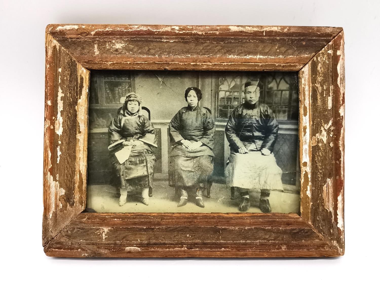 A Chinese framed and glazed 19th century black and white photograph depicting three Chinese people - Image 2 of 5