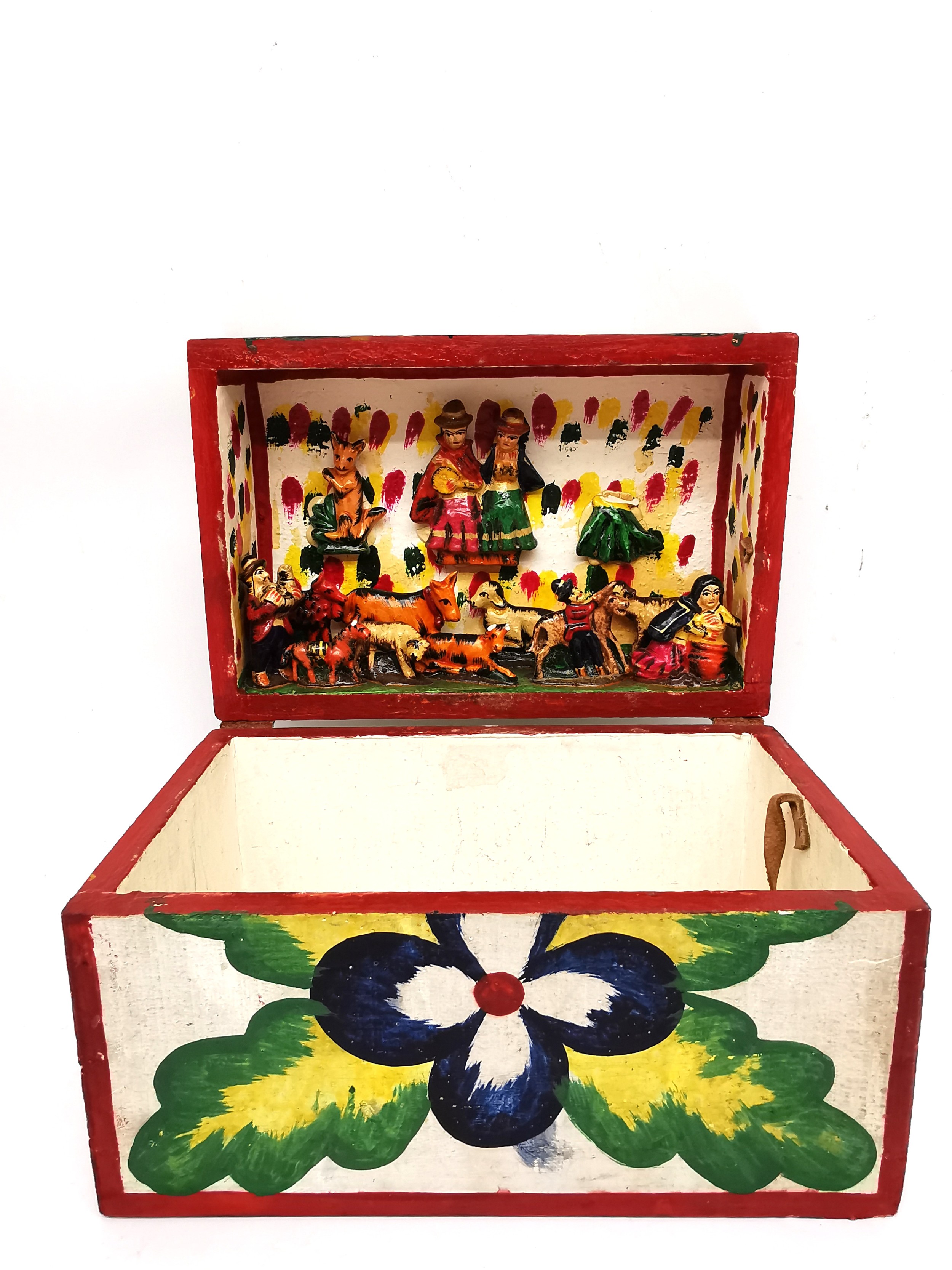 A Mexican folk art painted wooden casket with a carved frieze to the inside of lid depicting - Image 4 of 5