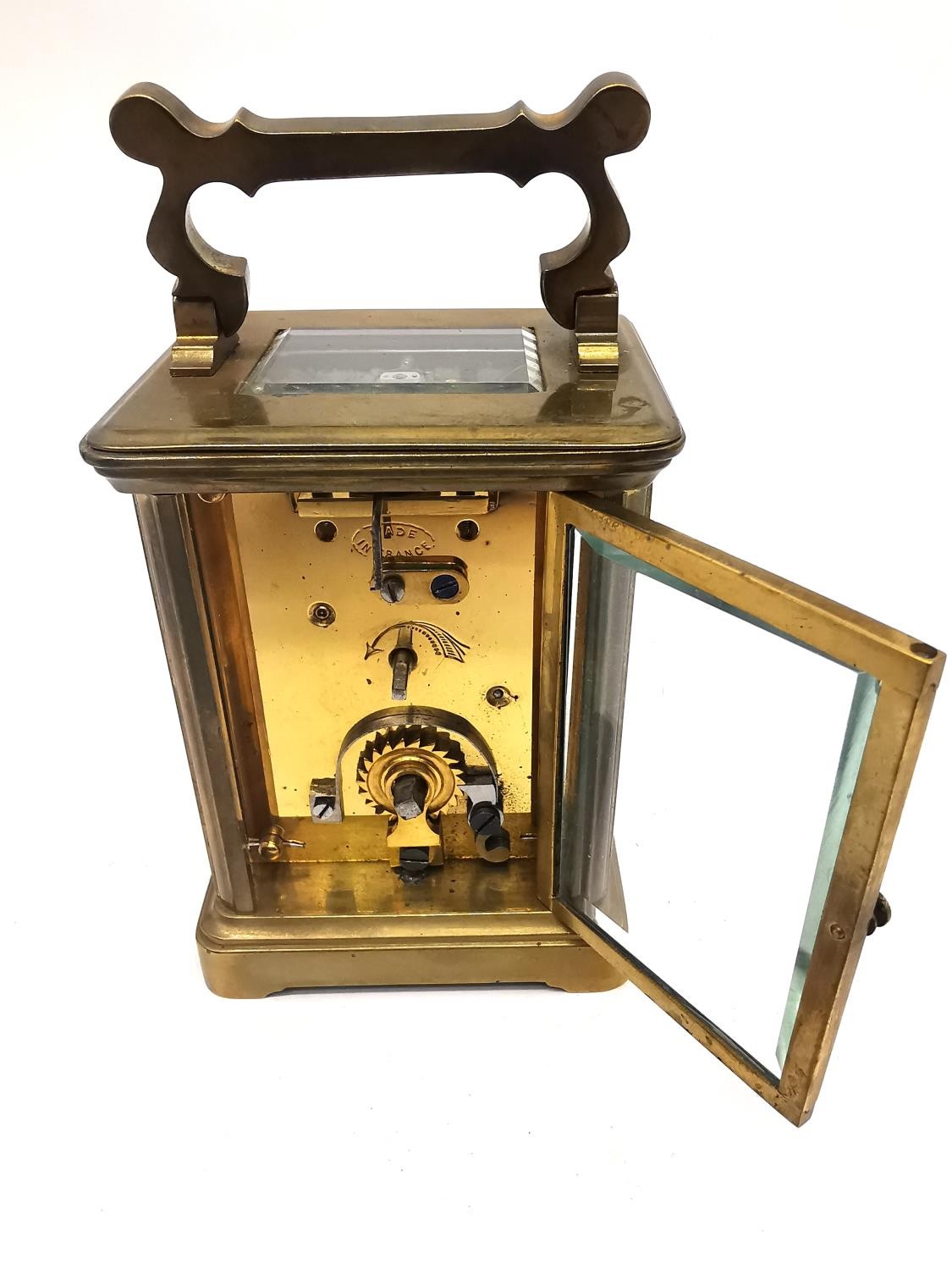 A late 19th century brass leather cased travelling carriage clock with skeleton movement and key. - Image 14 of 17