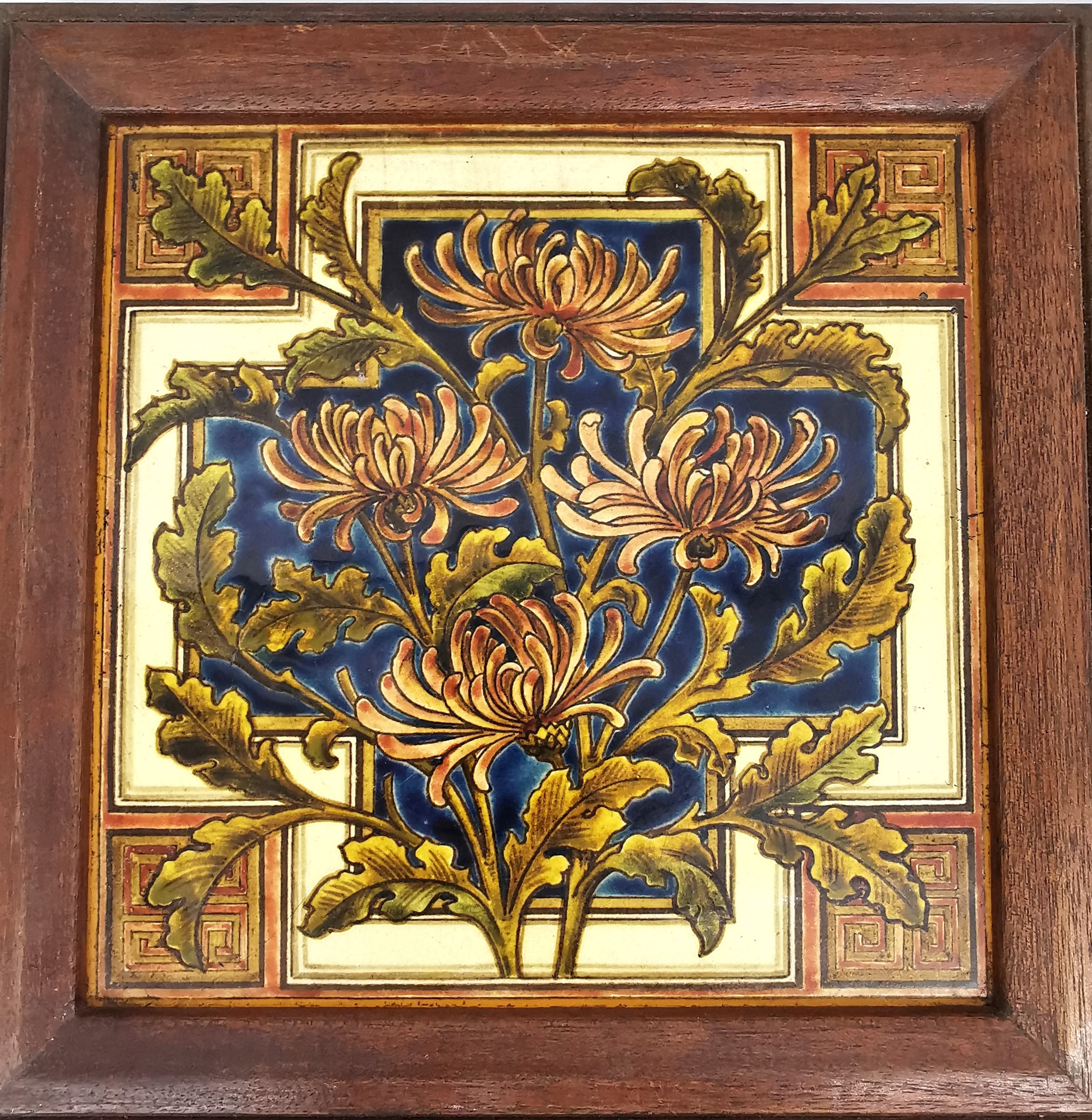 Four framed 19th century glazed hand painted tiles by W B Simpson & Sons, depicting chrysanthemums - Image 2 of 9