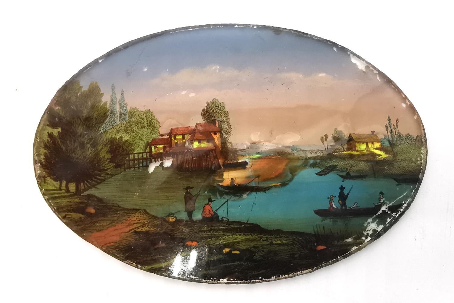 An oval reverse painted miniature on glass of people fishing with mother of pearl detailing to the - Image 2 of 6