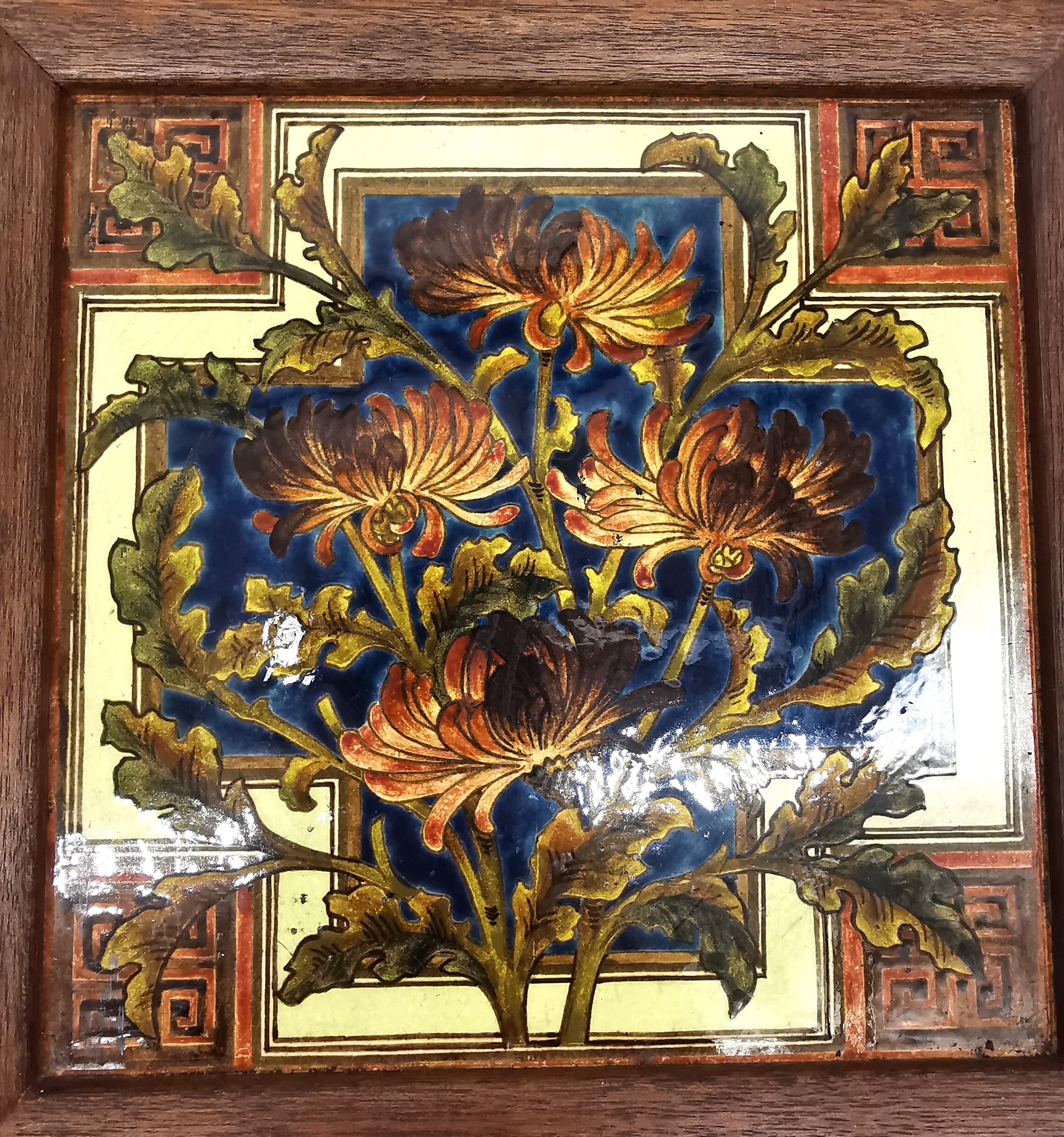 Four framed 19th century glazed hand painted tiles by W B Simpson & Sons, depicting chrysanthemums - Image 4 of 9