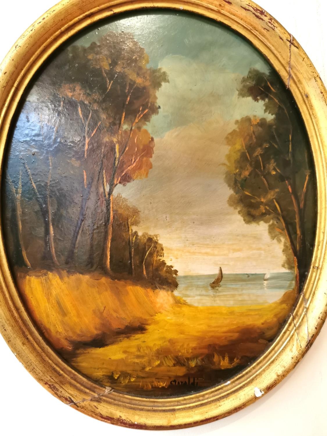 Two gilt framed oval oils on board depicting lake views, signed C.Moraldi. H.34 W.29cm - Image 9 of 13