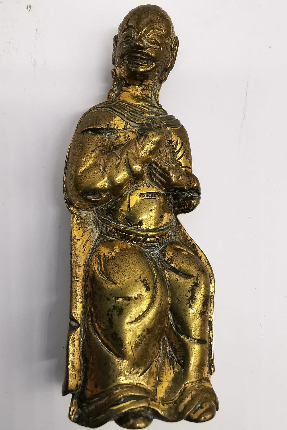 A 19th century gilt bronze putti on ebonised base along with brass seated Buddha. Tallest 14cm. - Image 7 of 8