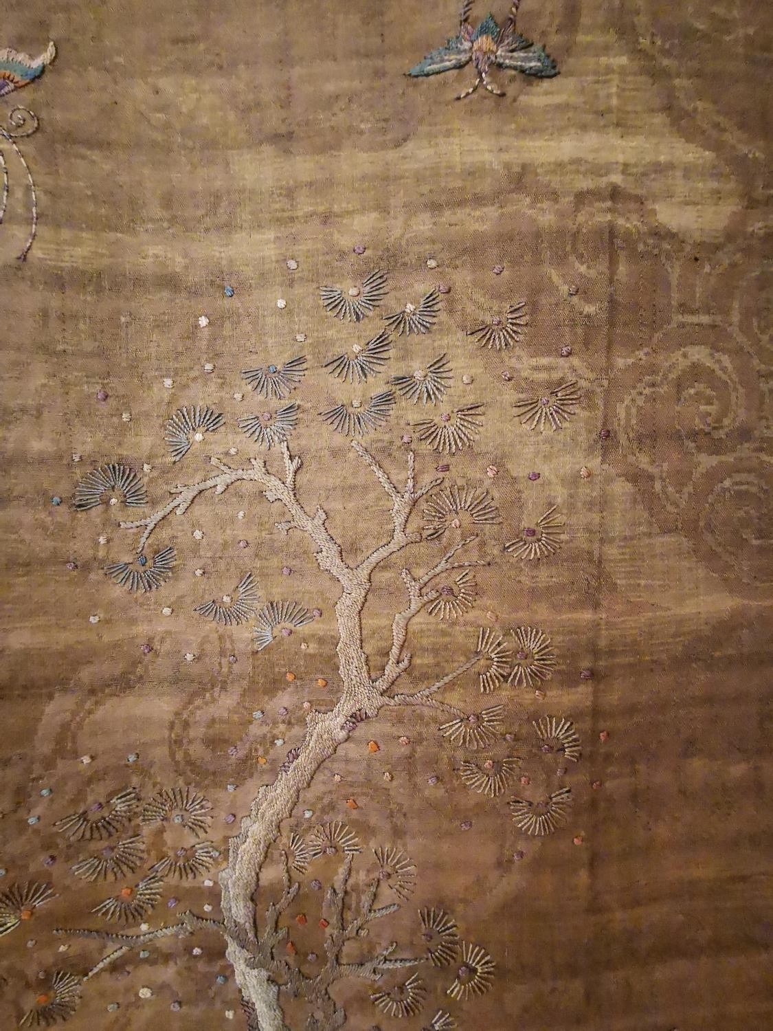 A Chinese 19th Chinese silk embroidered wall hanging decorated with a tree with birds and - Image 7 of 20