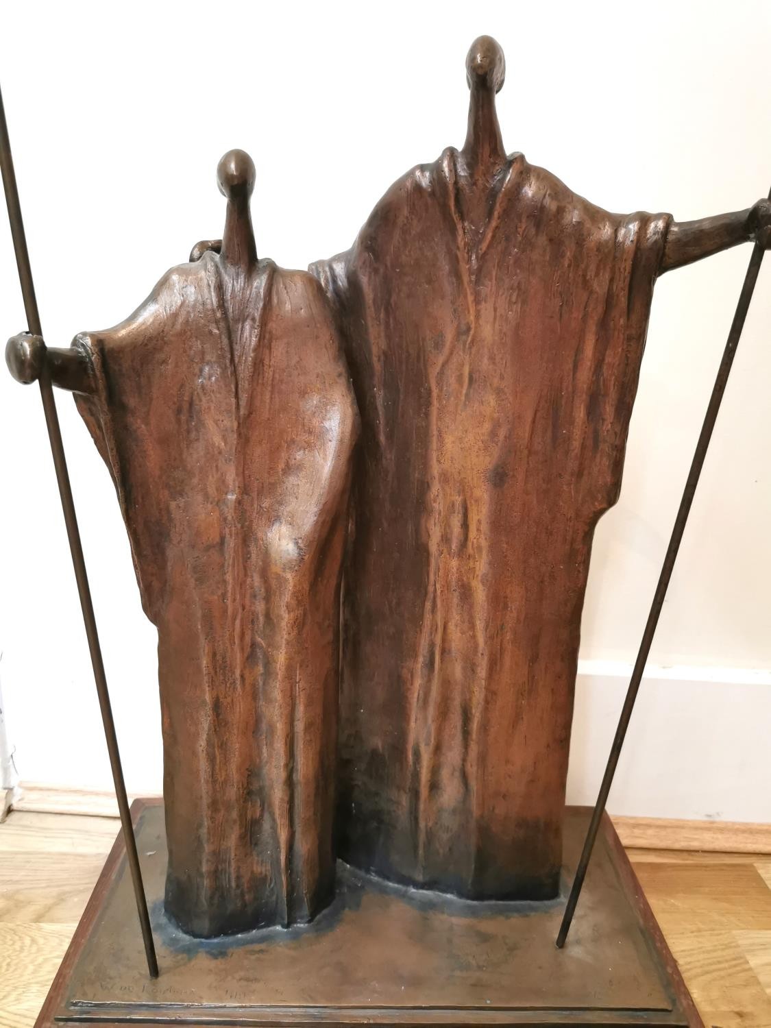 Wim De Roubaix, South African artist, large bronze sculpture of two robed figures holding spears - Image 3 of 11