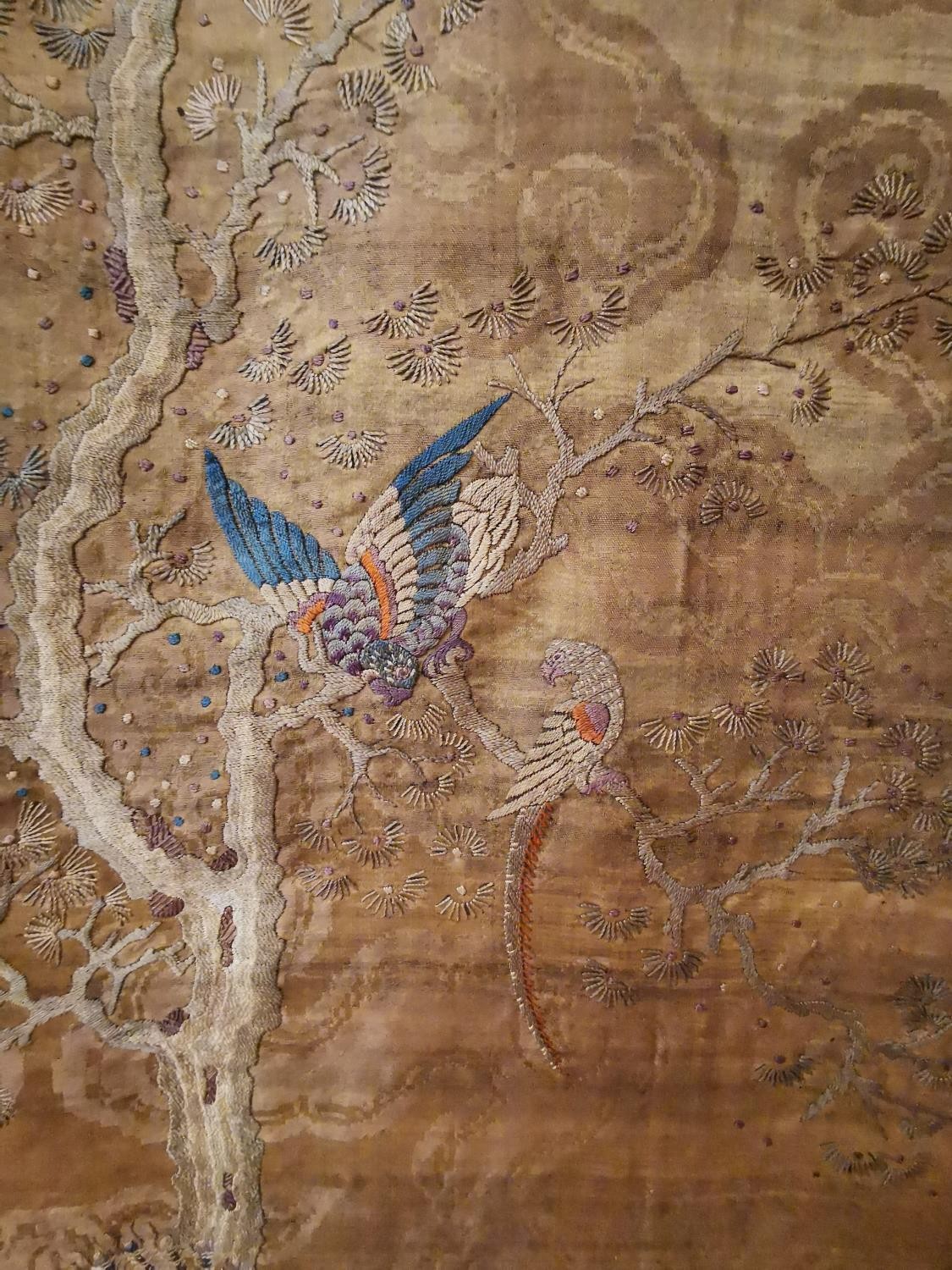 A Chinese 19th Chinese silk embroidered wall hanging decorated with a tree with birds and - Image 10 of 20