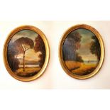 Two gilt framed oval oils on board depicting lake views, signed C.Moraldi. H.34 W.29cm