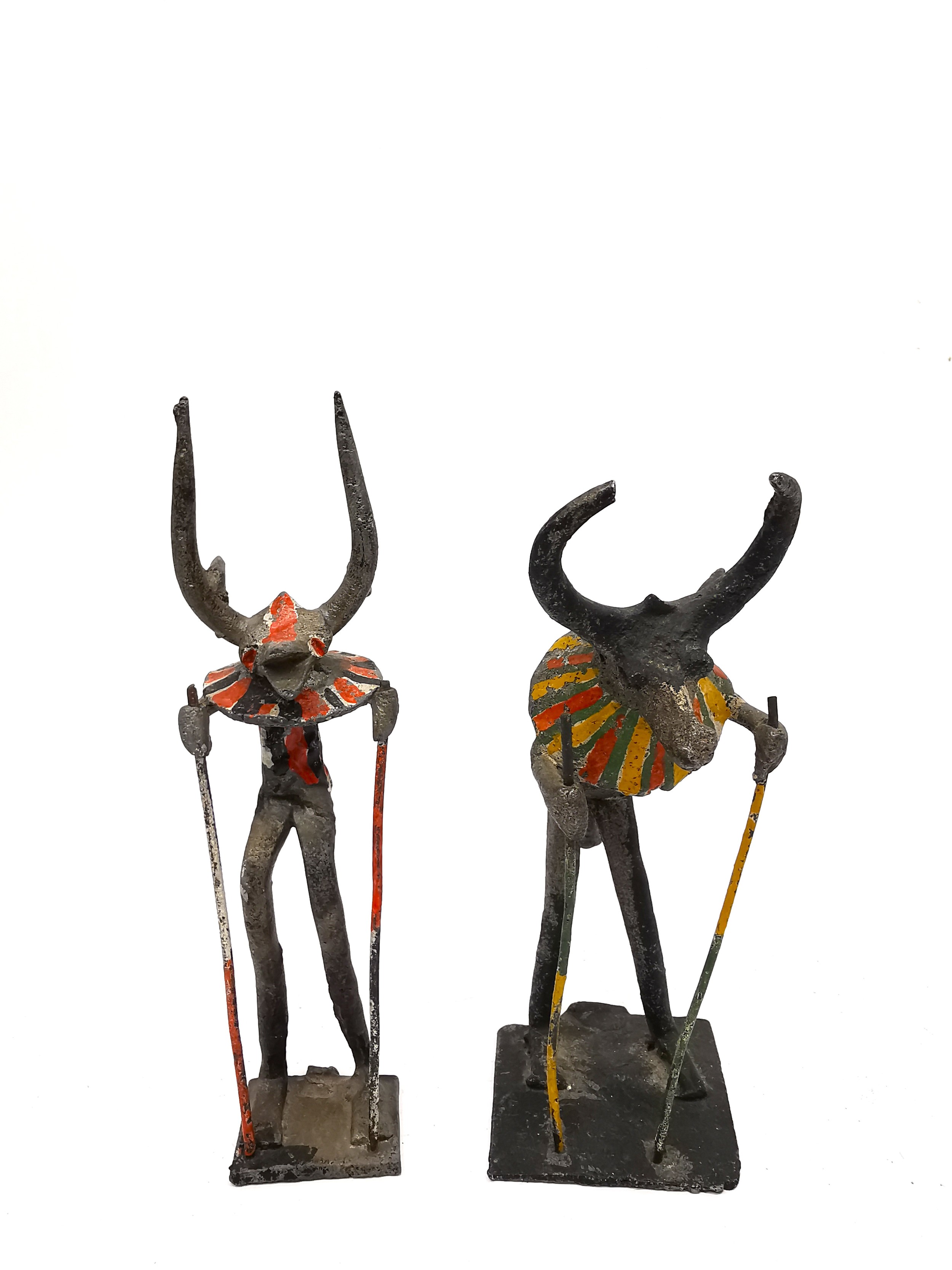 Eight vintage Akan Ashanti painted metal tribal figures of musicians. Tallest 17cm. - Image 4 of 6