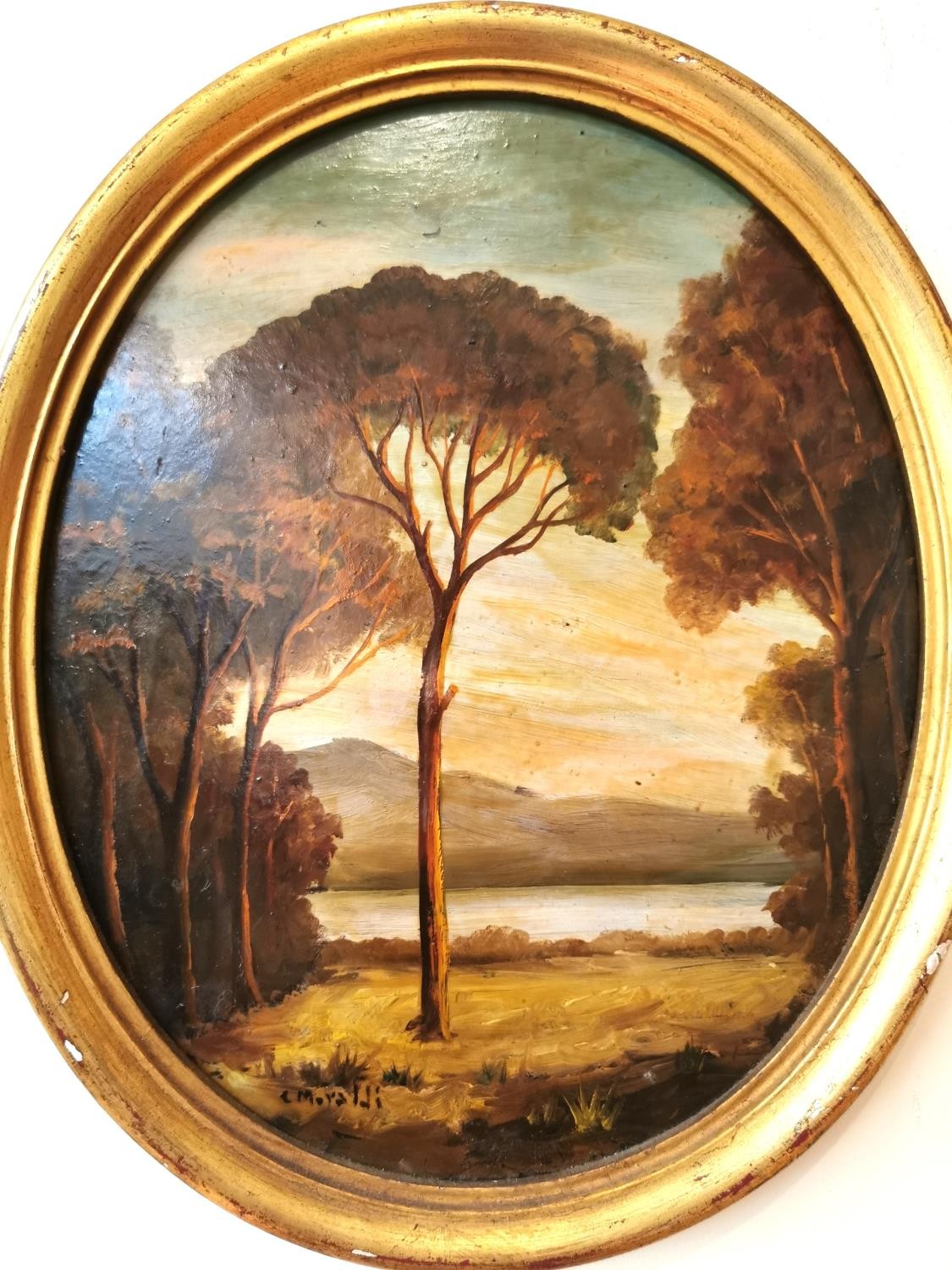 Two gilt framed oval oils on board depicting lake views, signed C.Moraldi. H.34 W.29cm - Image 3 of 13