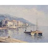 Oil on canvas, Mediterranean harbour town, signed Manillo. H.52 W.62cm.