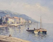 Oil on canvas, Mediterranean harbour town, signed Manillo. H.52 W.62cm.