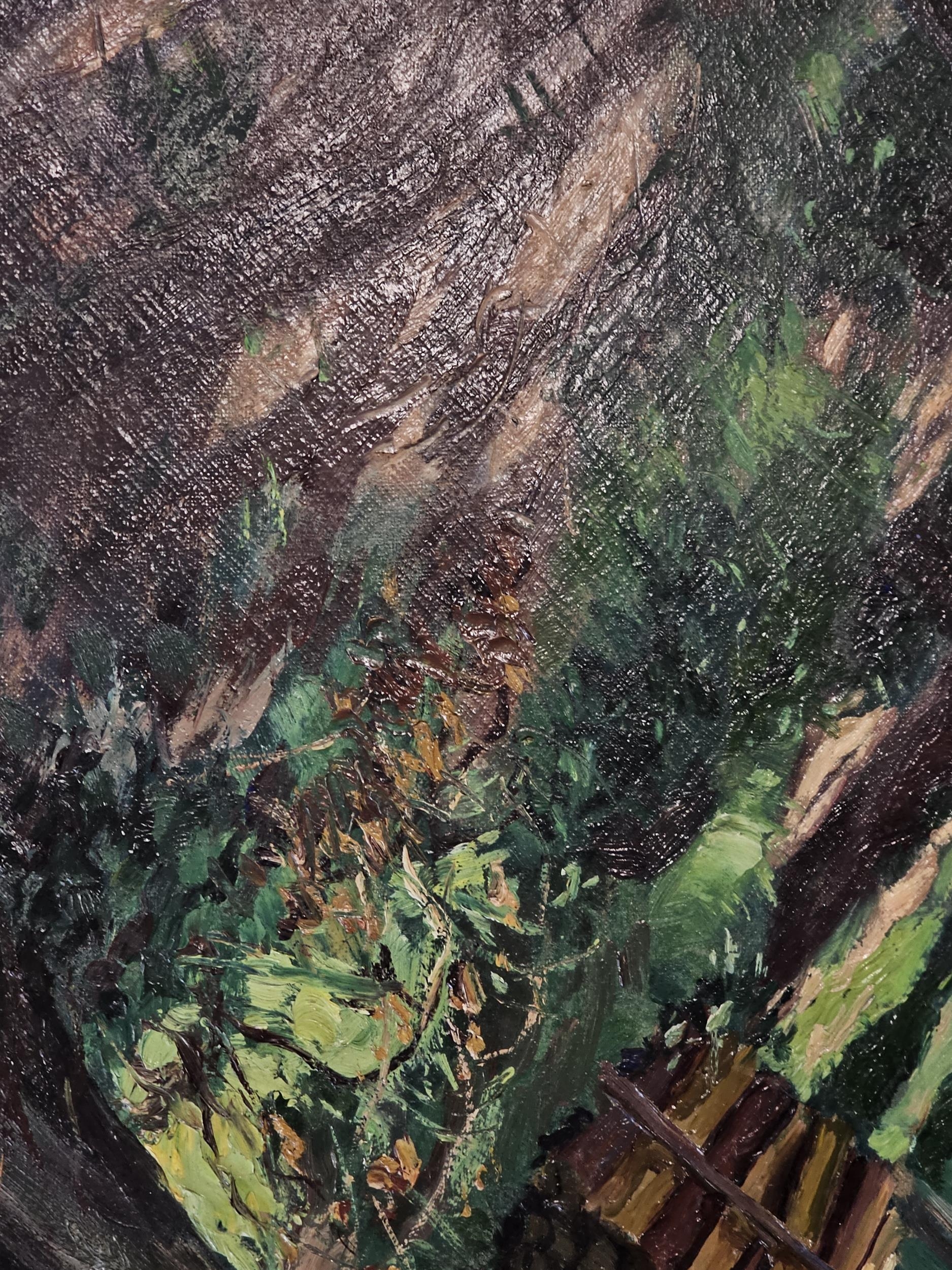 Oil on board, forest path, indistinctly signed, unframed. H.76 W.63cm.