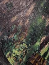 Oil on board, forest path, indistinctly signed, unframed. H.76 W.63cm.