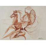 John Budgett (1934-2005), a framed and glazed sepia wash, horse and rider, signed and dated. H.54
