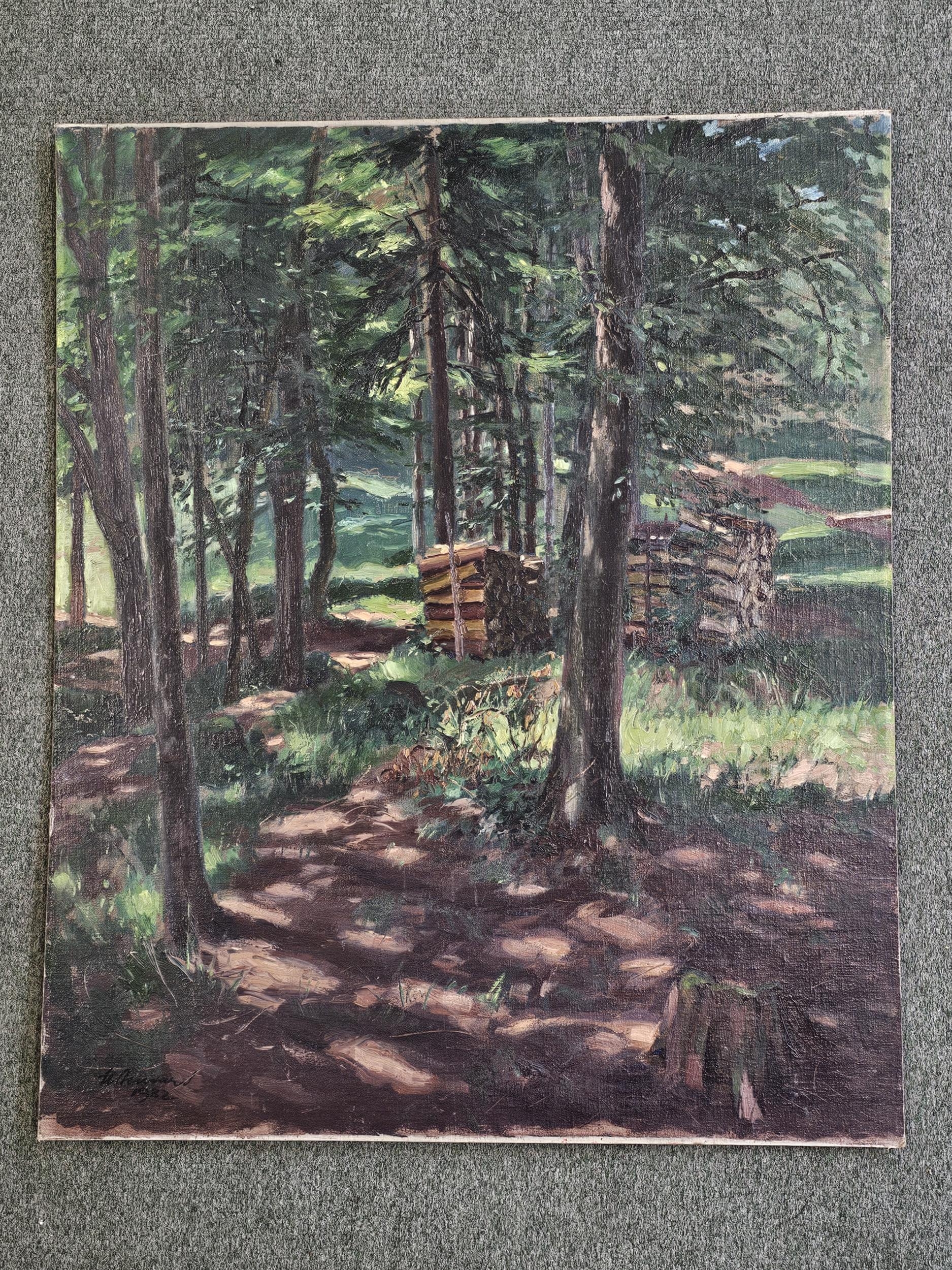 Oil on board, forest path, indistinctly signed, unframed. H.76 W.63cm. - Image 2 of 5