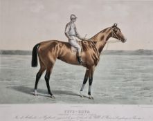 An unframed 19th century hand coloured engraving of the race horse Fits-Roya. H.60 W.80cm.