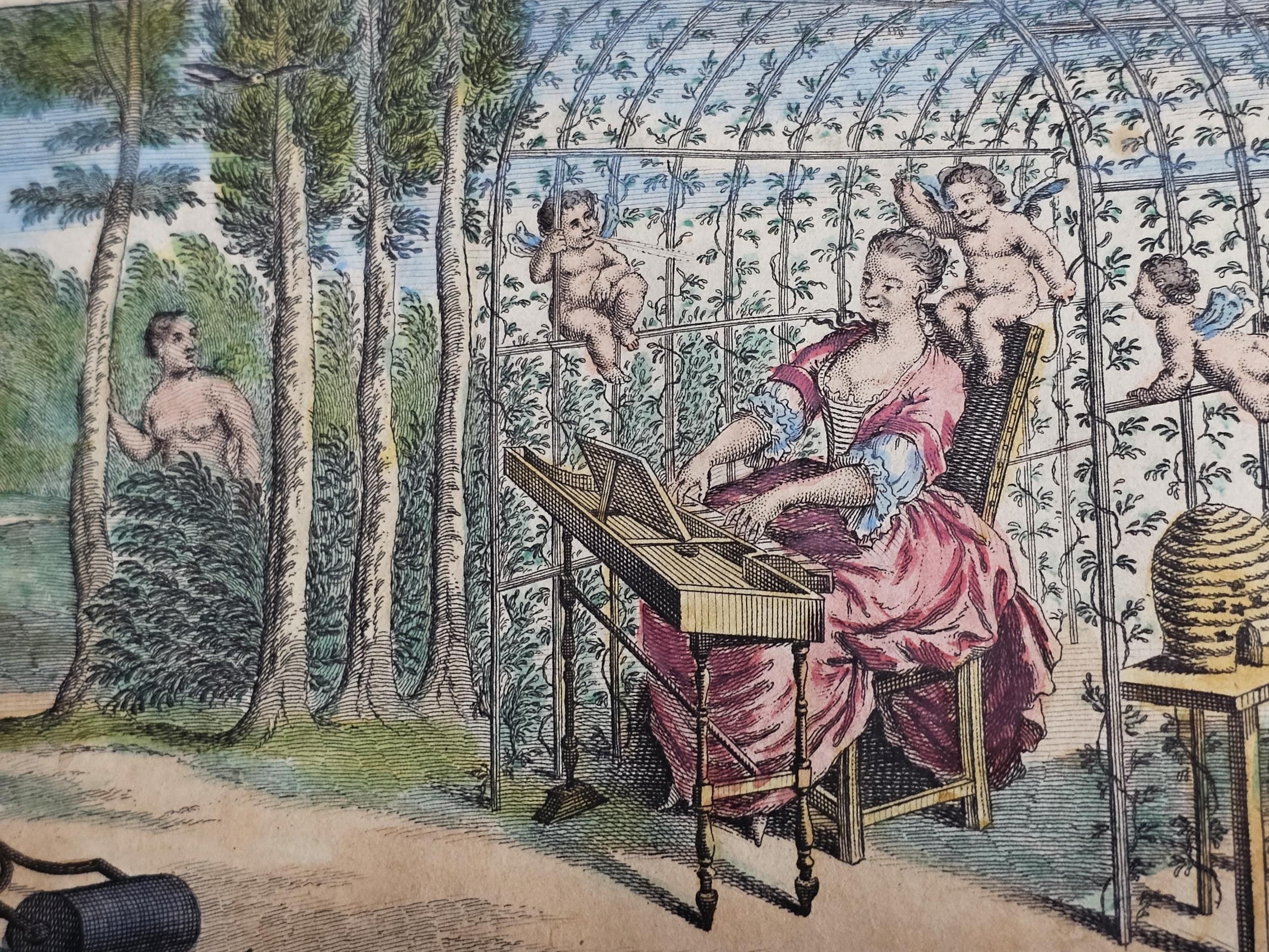 B. Cole, a 19th century hand coloured engraving of a lady playing the harpsichord with sheet music - Image 3 of 7