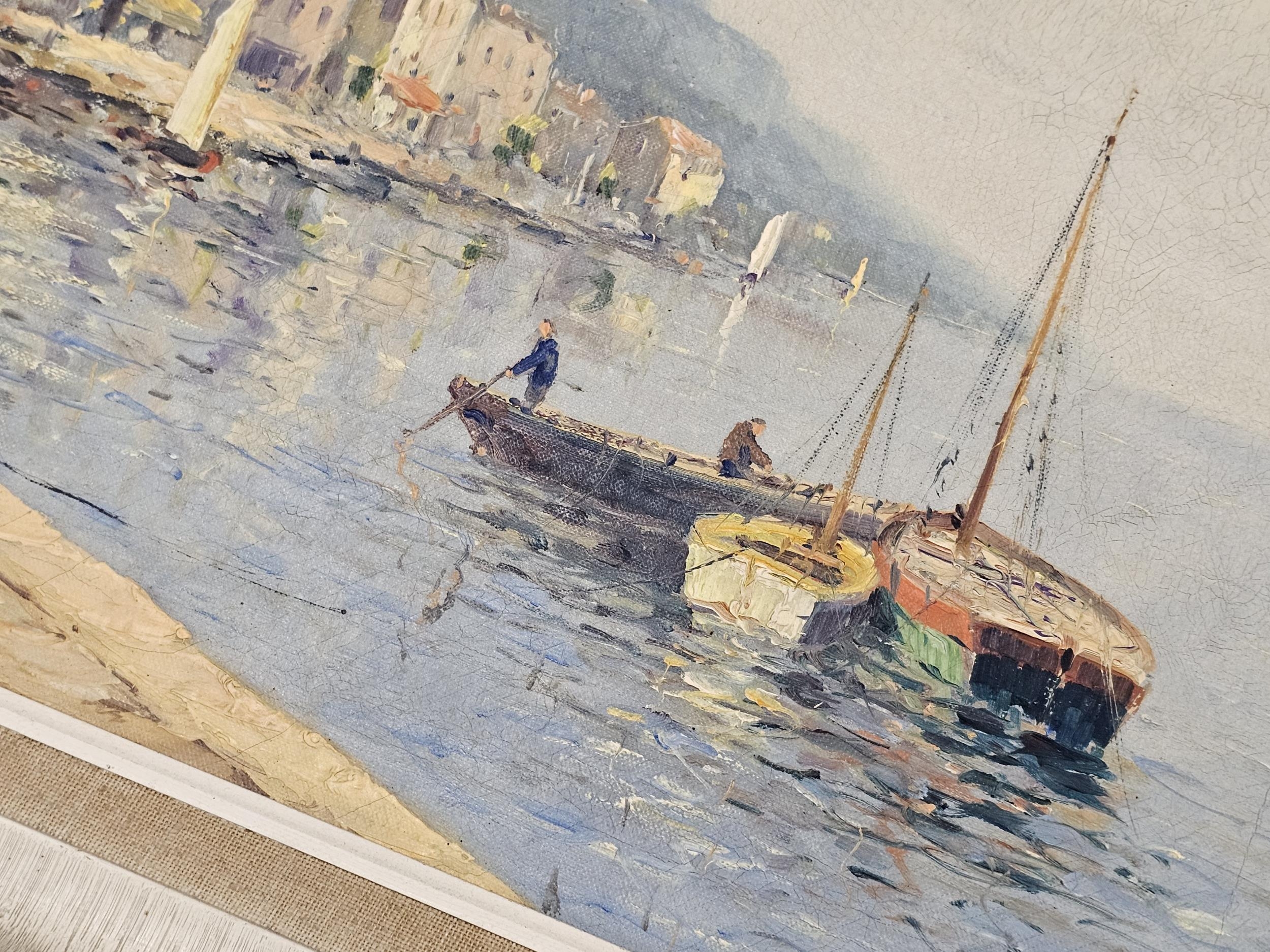 Oil on canvas, Mediterranean harbour town, signed Manillo. H.52 W.62cm. - Image 3 of 6