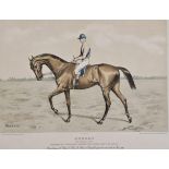 An unframed 19th century hand coloured engraving of the race horse Arreau. H.60 W.80cm.