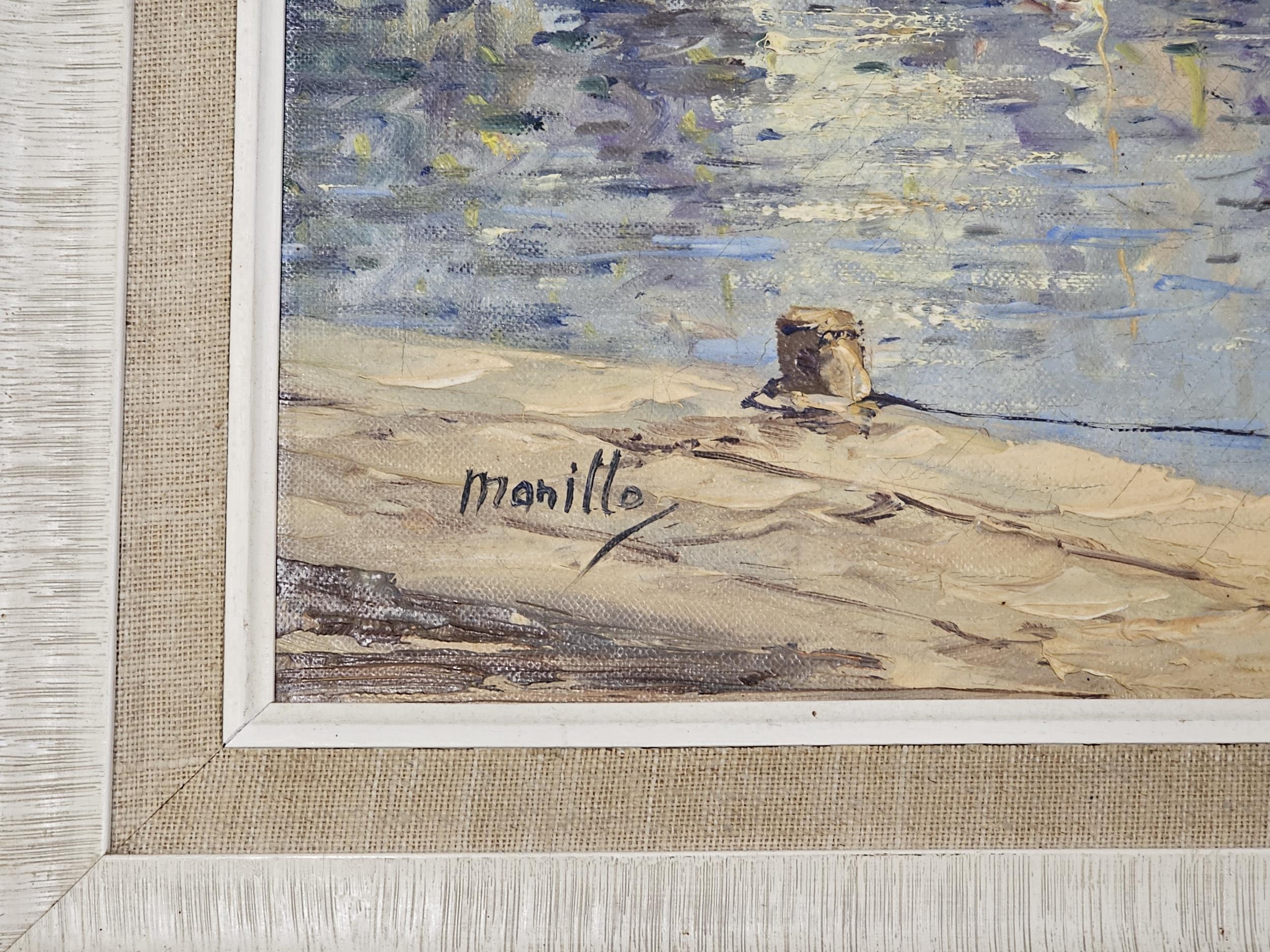 Oil on canvas, Mediterranean harbour town, signed Manillo. H.52 W.62cm. - Image 4 of 6